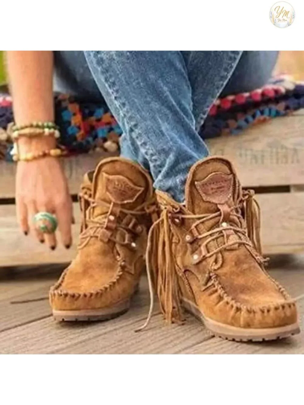 Women's Vintage Fringed Ankle Boots Faux Suede Comfy Round Toe Hippie Mocc